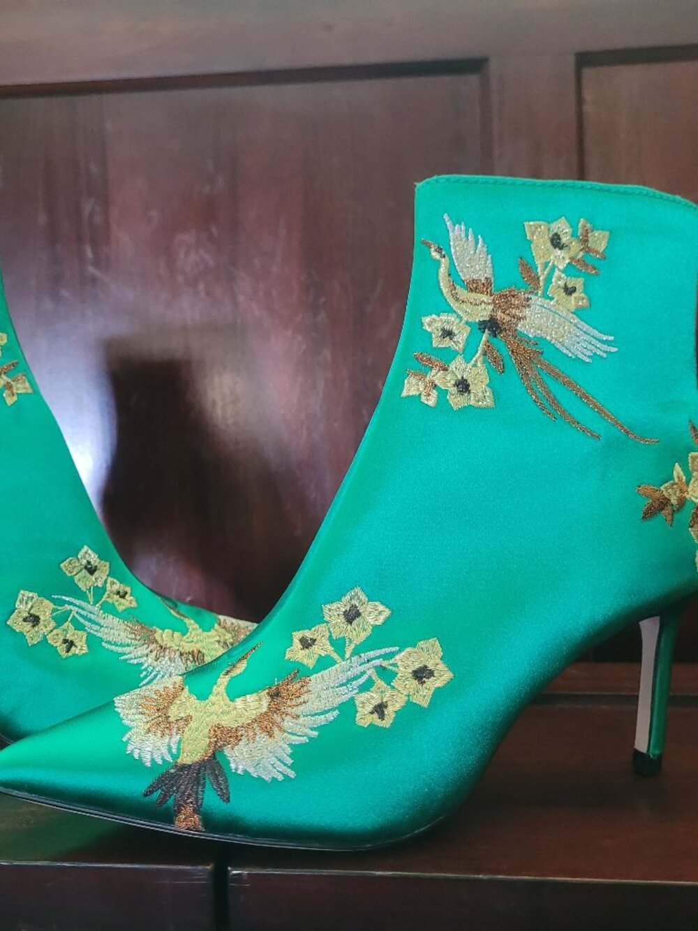 Zara Emerald Green Satin Embroidered Ankle Boots